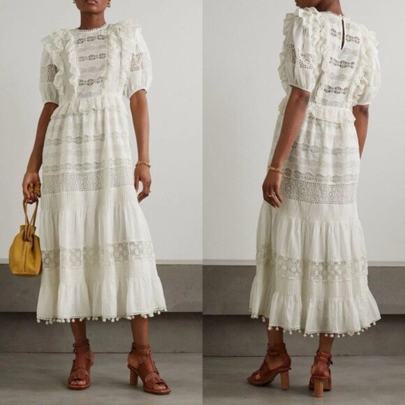 Ulla Johnson Guinevere White Lace Ruffled Bohemian Midi Dress Size 8 - Picture 2 of 13